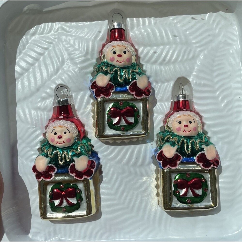 Vintage Christmas Trimmeries  glass ornaments Hand Decorated Jack In Box Elf